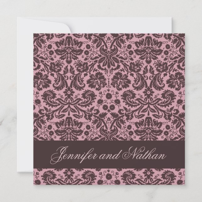 PINK and CHOCOLATE Damask Wedding Invitation (Front)