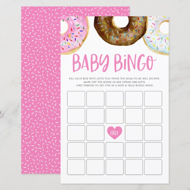 Pink and Chocolate Doughnuts Baby Bingo Game Card (Front/Back)