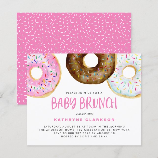 Pink and Chocolate Doughnuts Baby Brunch Invitatio (Front/Back)