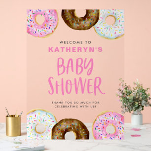 Pink and Chocolate Doughnuts Baby Shower Welcome Acrylic Sign