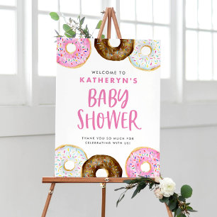 Pink and Chocolate Doughnuts Baby Shower Welcome Poster