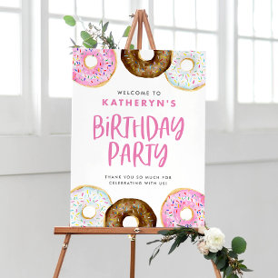 Pink and Chocolate Doughnuts Birthday Party Welcom Poster