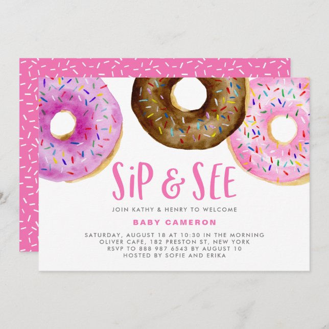Pink and Chocolate Doughnuts Sprinkles Sip and See Invitation (Front/Back)