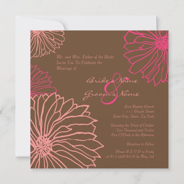 Pink and Chocolate Mum Flowers Wedding Invitation (Front)