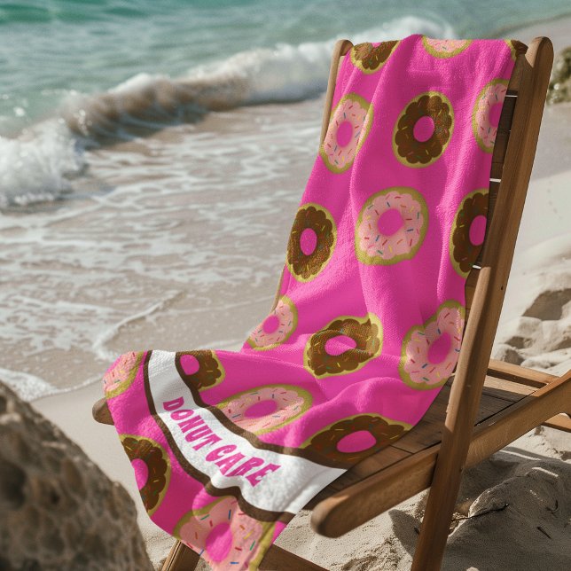 Pink and Chocolate Sprinkled Doughnut Care Pink Beach Towel (Creator Uploaded)
