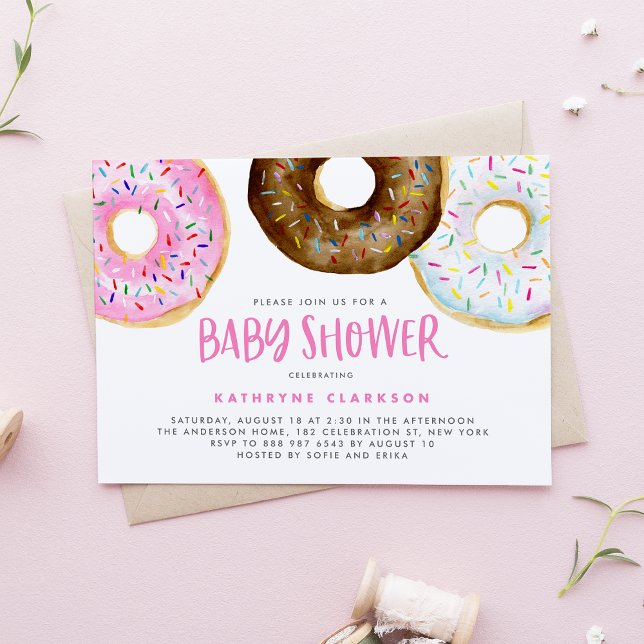 Pink and Chocolate Watercolor Doughnuts Baby Showe Invitation (Creator Uploaded)