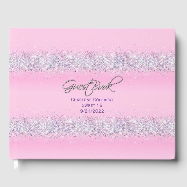 Pink and Colourful Glitter Sweet 16 Party Guest Book (Front)