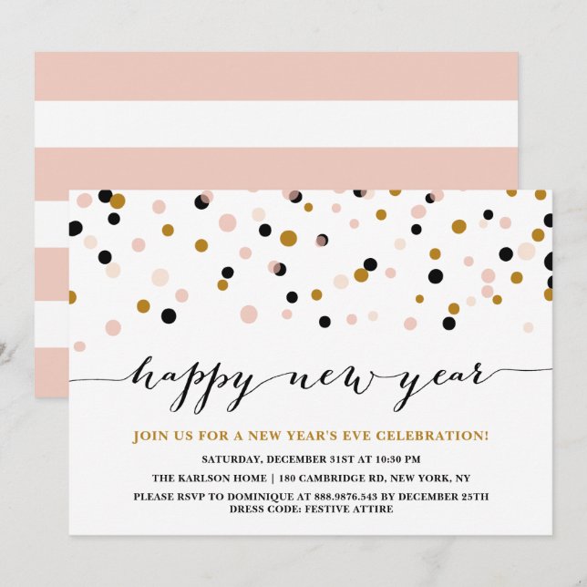Pink and Copper Confetti Dots New Year's Eve Party Invitation (Front/Back)