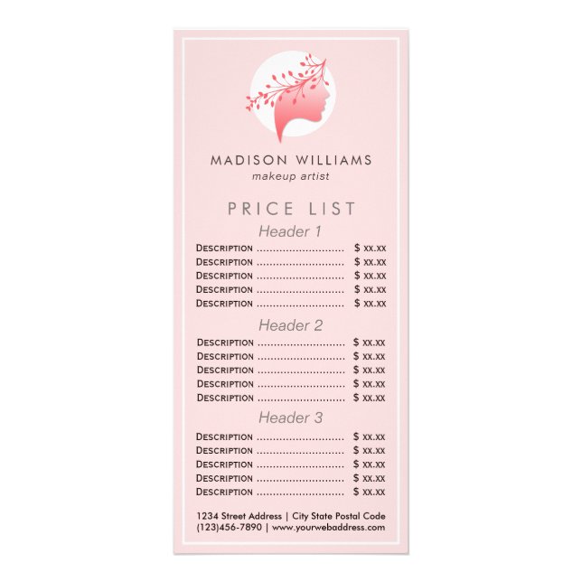 Pink and Coral Feminine Logo Price List Rack Card (Front)