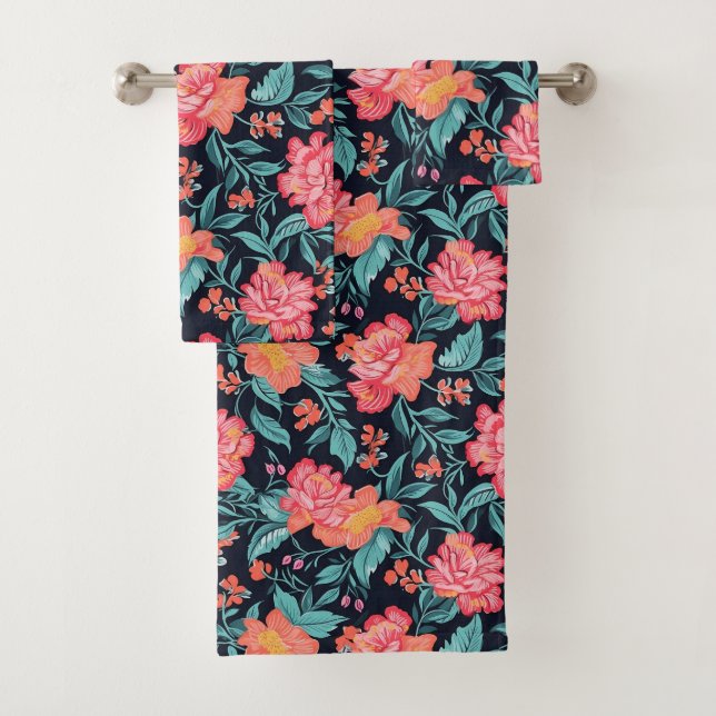 Pink and Coral Flowers Bath Towel Set (Insitu)