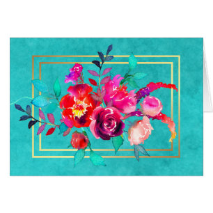 Pink and Coral Flowers on Turquoise Watercolor