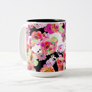 Pink and Coral Spring Floral on Black and White Two-Tone Coffee Mug