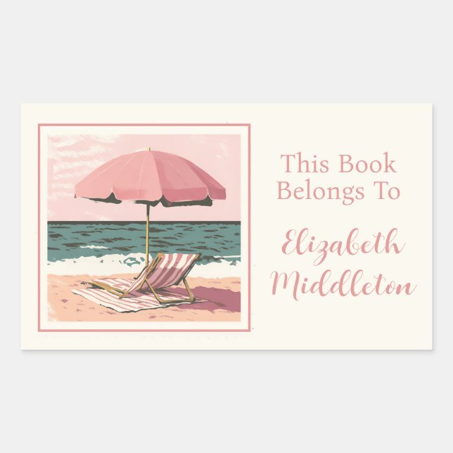 Pink and Cream Beach Chair and Umbrella Bookplate Rectangular Sticker (Front)