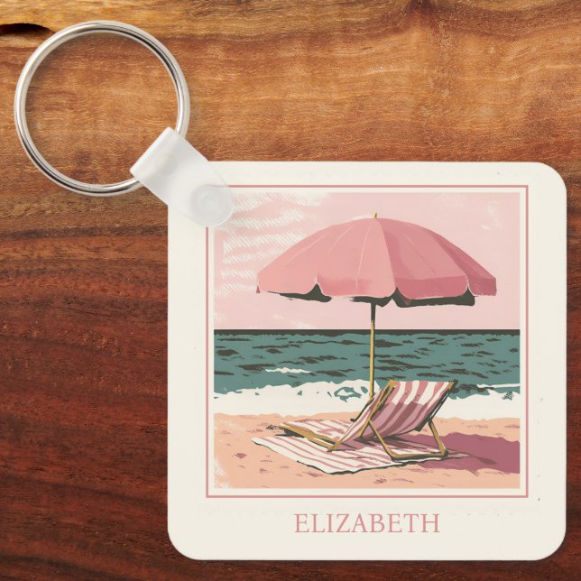 Pink and Cream Beach Chair and Umbrella Key Ring (Front)