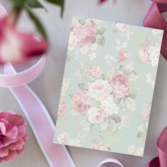 Pink and cream cabbage roses on aqua custom letterhead (Creator Uploaded)