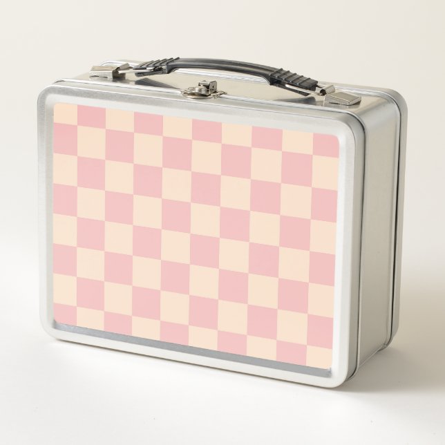 Pink and Cream Chequerboard Metal Lunch Box (Front)