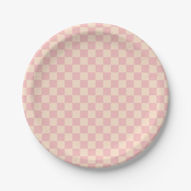 Pink and Cream Chequerboard Paper Plate (Front)