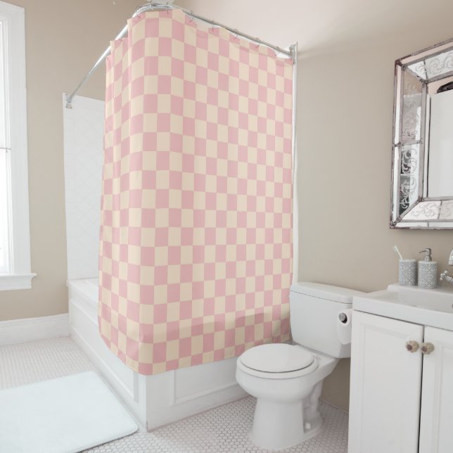 Pink and Cream Chequerboard Shower Curtain (In Situ)