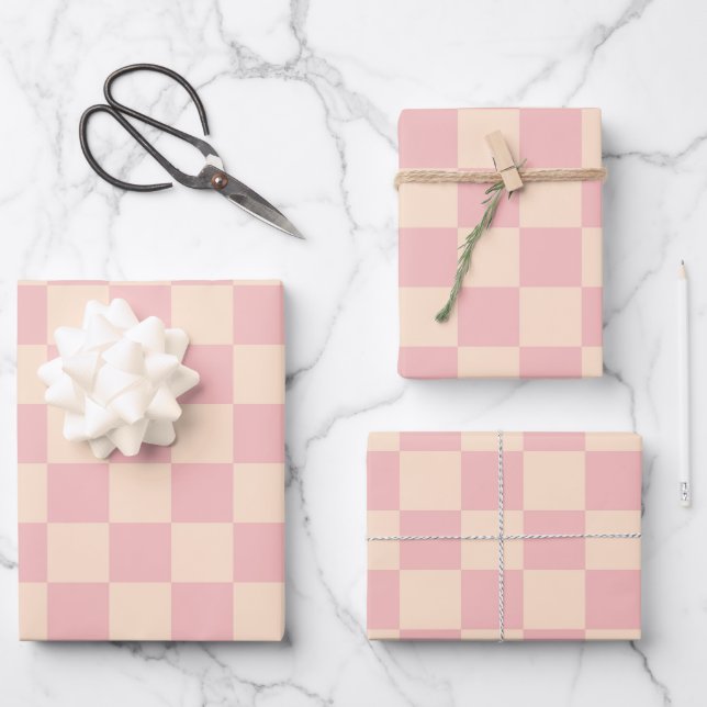 Pink and Cream Chequerboard Wrapping Paper Sheet (Front)