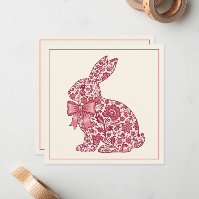 Pink and Cream Chinoiserie Easter Rabbit Card (Front/Back In Situ)