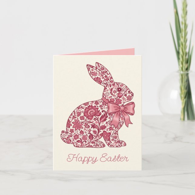 Pink and Cream Chinoiserie Easter Rabbit Note Card (Front)