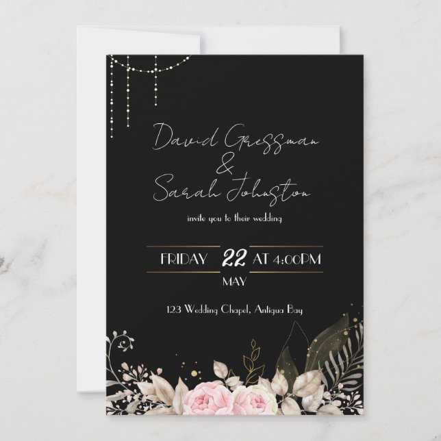 Pink and Cream Floral Black Wedding Invite (Front)