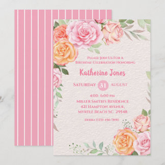 Pink and Cream Floral Women's Birthday Party Invitation