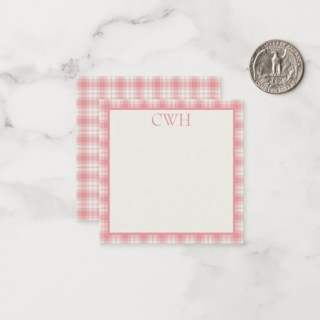 Pink and Cream Gingham Plaid Tartan Monogram Card (Front/Back In Situ)