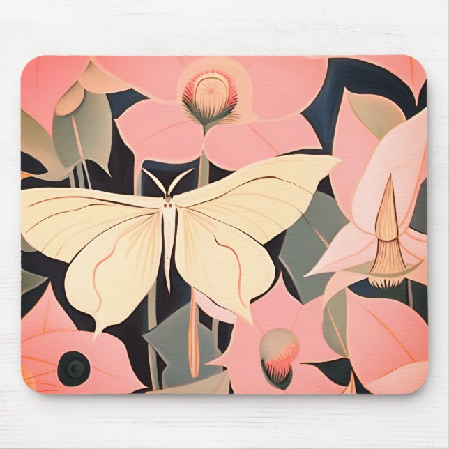 Pink and Cream - Luna Moth and Moonflowers   Mouse Mat (Front)
