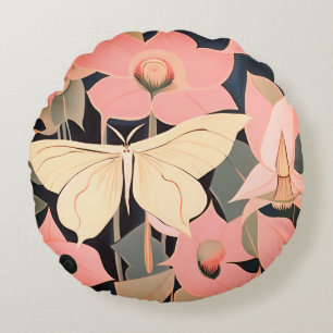 Pink and Cream - Luna Moth and Moonflowers Round Cushion
