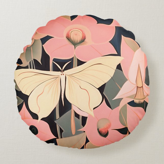 Pink and Cream - Luna Moth and Moonflowers   Round Cushion (Front)