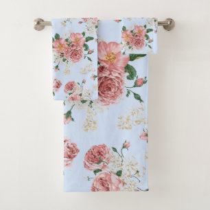 Pink and Cream on Blue Vintage Floral    Bath Towel Set
