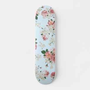 Pink and Cream on Blue Vintage Floral    Skateboard