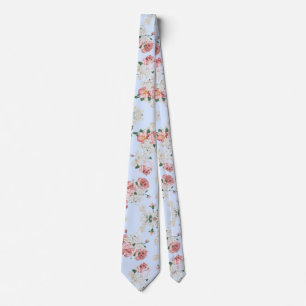 Pink and Cream on Blue Vintage Floral Tie