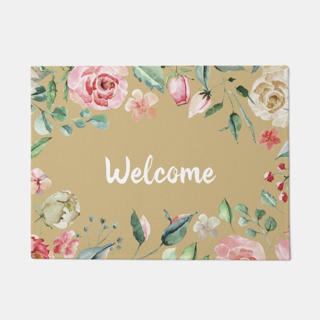 Pink and Cream Rose Floral Watercolor Doormat (Front)