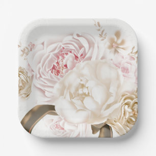 Pink and Cream Rose Peony Wedding  Paper Plate