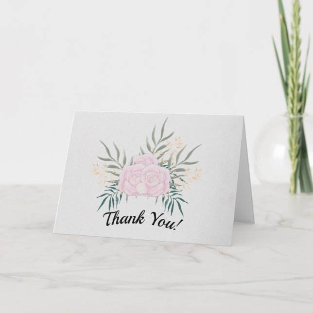 Pink and Cream Roses on Grey #1 Wedding Thank You Card (Front)
