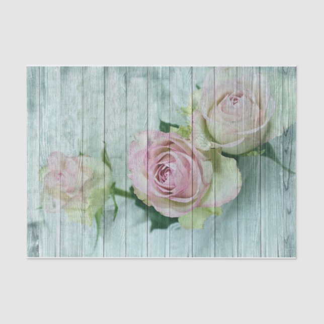 Pink and Cream Roses on Teal Wood Planks Tissue Paper (Front)