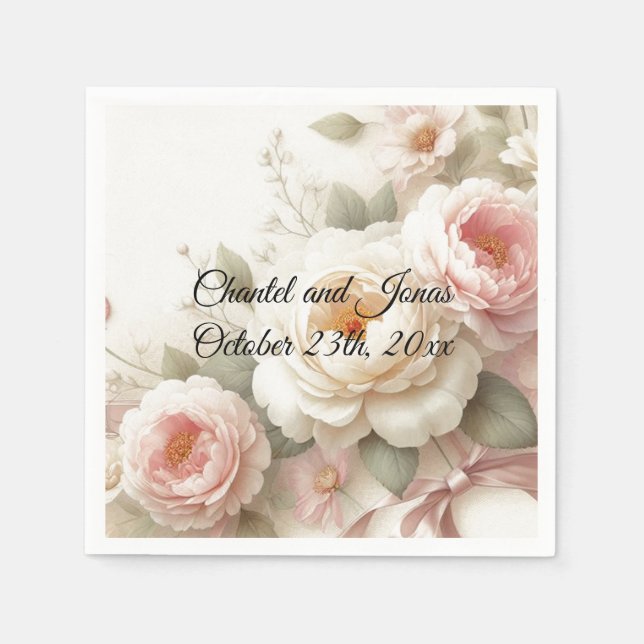 Pink and Cream Roses Peony Wedding Paper Napkins (Front)