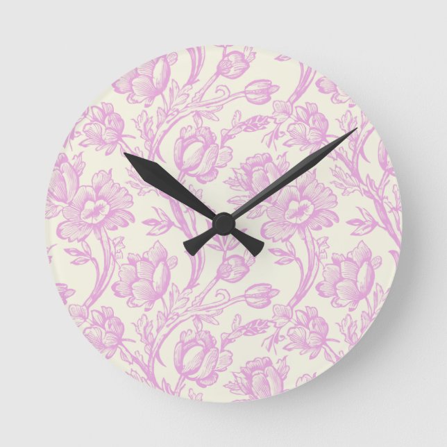 Pink and Cream Tulips Toile French Country Decor Round Clock (Front)
