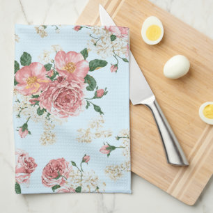 Pink and Cream Vintage Floral on Blue Tea Towel