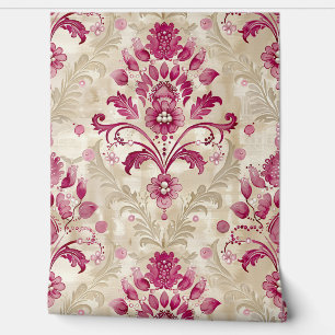 Pink and Cream Watercolor Damask and Faux Pearls Wallpaper