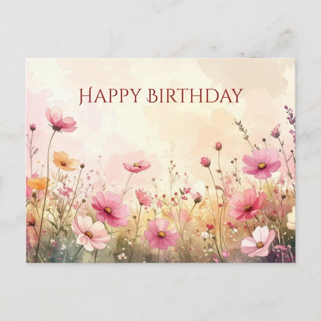 Pink and cream wildflowers Happy Birthday Postcard (Front)
