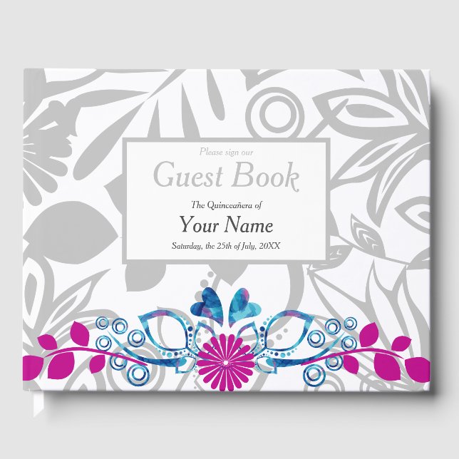 Pink and Crystal Blue Quinceañera Guest Book (Front)