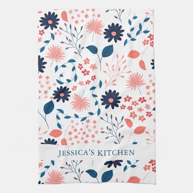 Pink and dark-blue cute flowers pattern tea towel (Vertical)