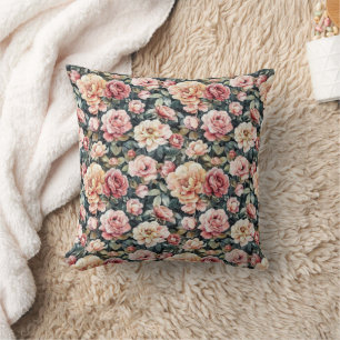 Pink and Dark Green Floral Shabby Chic Vintage Cushion