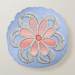 Pink and Diamond Jewelled Flower on Blue Moiré Round Cushion
