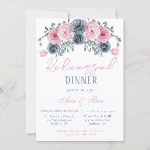 Pink and Dusty Blue Blooms Rehearsal Dinner Invitation