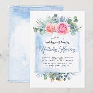 Pink and Dusty Blue Floral Birthday Party Invitation