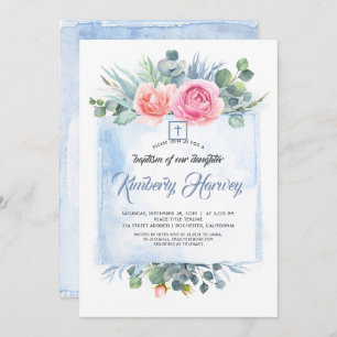 Pink and Dusty Blue Floral Elegant Baptism Invitation